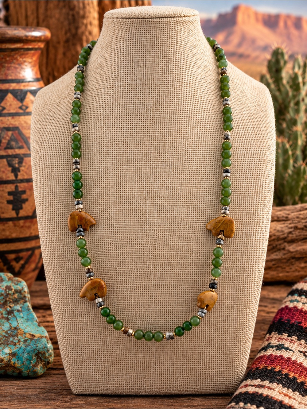 Southwestern Fetish-Style Necklace — 22” Nephrite Jade & Picture Jasper